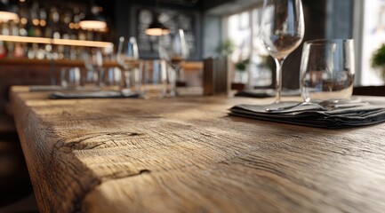 Rustic restaurant table, wood grain, bar background