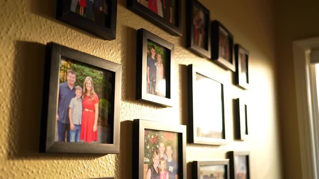 Family photos in dark frames hang on a textured wall with warm lighting. A window is visible on the right. Soft focus