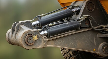 Powerful hydraulic rams and the complex articulation joint of a heavy industrial earthmover machine.