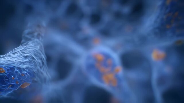 Highresolution scientific animation depicting bone remodeling microenvironment emphasizing tunnel formation by orange cells and filling action by blue cells.