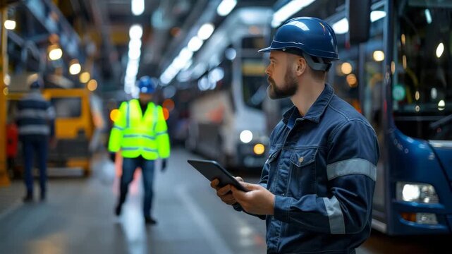 A male factory worker checks a tablet in an industrial warehouse environment