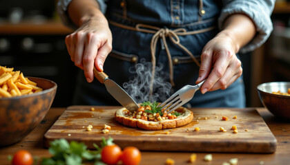 Culinary action preparing delicious meal in home kitchen food photography cozy environment close-up view