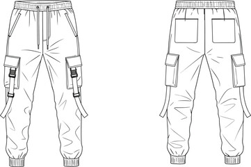 Technical flat sketch of women's pleated trousers featuring a high waist, side pockets, a flat front with pleats, and an elasticated back waist, presented in front and back views, for versatile wear.