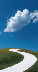 Naklejka premium Winding white path ascends grassy hill under a vibrant blue sky, featuring a large, fluffy white cloud