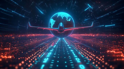 Futuristic Airplane Flying Through Digital World With Globe Visualization And Binary Code