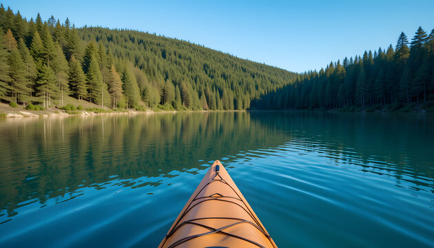 Kayak on calm lake water, surrounded by lush green forest and a clear blue sky, creating a serene outdoor scene. - Powered by Adobe