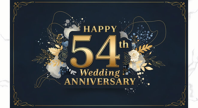 Happy 54th Wedding Anniversary greeting card design with colorful script text, glitter confetti, and a romantic bokeh light background.