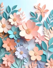 Fototapeta premium Pastel Paper Flowers and Leaves Composition with Detailed Texture and Shadows