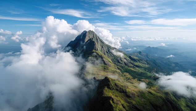 Mountain peak piercing clouds, aerial view. Lush green slopes, vast valley below - Powered by Adobe