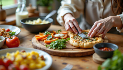 Preparing delicious homemade pizza toppings at a cozy kitchen table culinary art natural light close-up shot