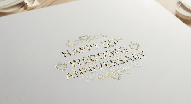 An elegant greeting card with gold foil lettering celebrating a Happy 55th Wedding Anniversary milestone.