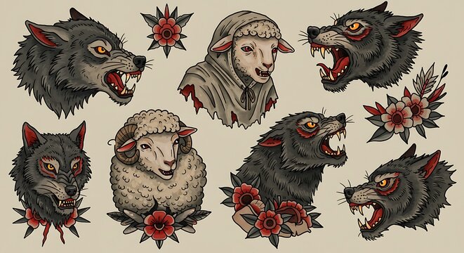 American Traditional Tattoo Flash: Wolves & Sheep