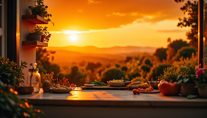 Sunset meal preparation scenic garden kitchen photography natural lighting outdoor view culinary experience