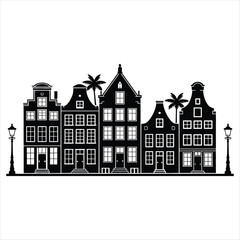 Black and White Amsterdam Canal Houses Silhouette vector