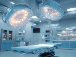 Surgical operating room interior.  Modern, sterile, and well-lit surgical suite with two overhead lights and a surgical table.  