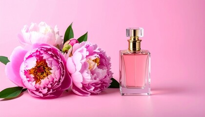 Top view of a luxury pink perfume bottle with blooming peonies on a soft pastel background, creating a clean and feminine visual