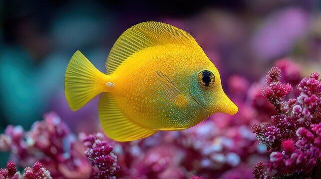 A bright yellow tang fish swims near vibrant pink coral. Use this image for a tropical, underwater, or marine concept.