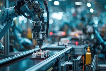 Robotic arm precisely placing components on a conveyor belt in a modern factory