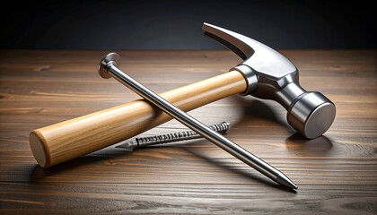 Hammer and nails on wooden surface