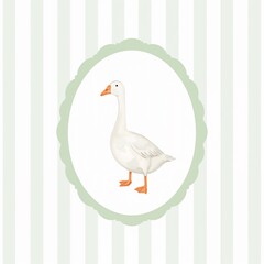 Obraz premium A watercolor painting of a domestic goose, elegantly framed within a scalloped oval, set against a pastel green striped background.