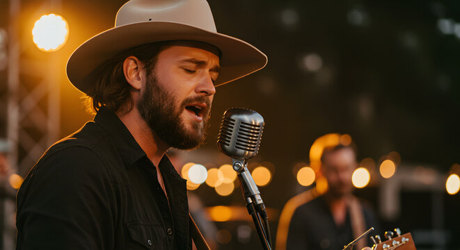 A bearded musician in a hat sings passionately into a vintage microphone during an outdoor concert at night.