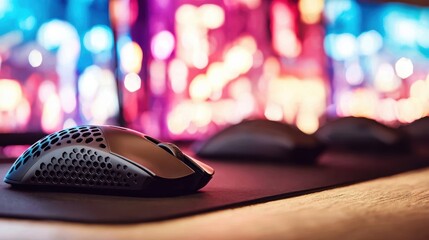Illuminated gaming setup featuring a honeycombed shell mouse on a black mousepad with blurred RGB background lights