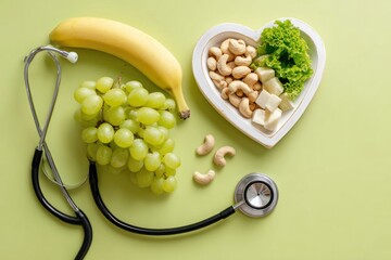 Heart-shaped plate of healthy foods, including banana, grapes, cashews, and cheese, alongside a stethoscope on a pale green surface
