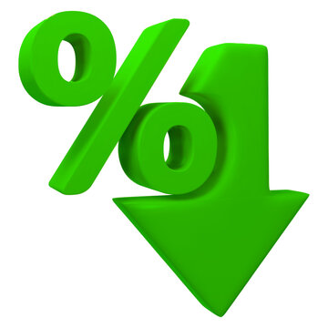 3d low price icon. Green percent with arrow down. Crisis concept sign. Stock vector illustration on isolated background.