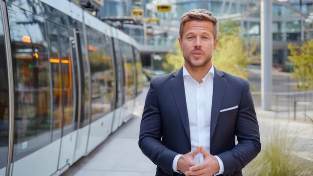 A confident businessman in a suit stands outdoors in an urban environment with modern buildings and a tram in the background - Powered by Adobe