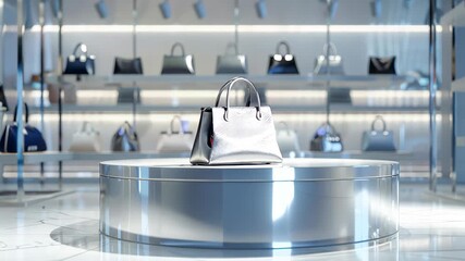 A stunning handbag displayed on a sleek pedestal in a modern retail space, emphasizing luxury and sophistication in fashion accessories, surrounded by stylish items. - Powered by Adobe
