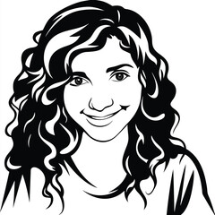 Black and white of a curly haired, smiling young woman with shirt