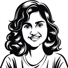 Attractive girl with curly hair smiling in a black and white style stands