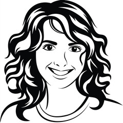 Joyful face of a young woman with wavy dark hair is smiling confidently