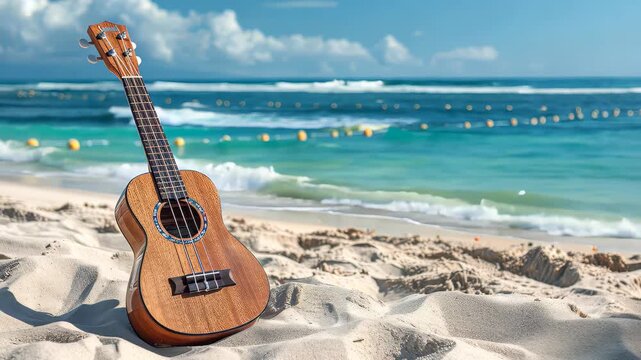 A beautiful wooden ukulele rests on golden sand, with gentle ocean waves lapping nearby. The scene captures a perfect summer day, ideal for music lovers and beachgoers.