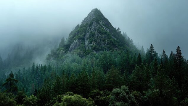 Misty mountain peak rising above a dense forest - Powered by Adobe