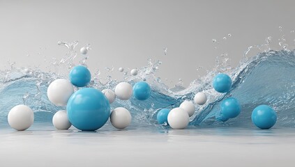 Blue and white spheres in water splash