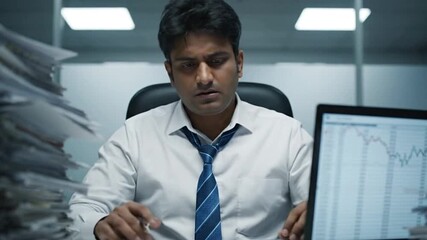 Overwhelmed worker sits with data and papers looking stressed - Powered by Adobe