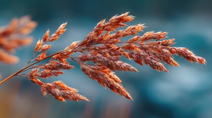 A closeup shot of a wheat stalk with a soft, blue-green blurred background. Use this for backgrounds, textures, or botanical designs.