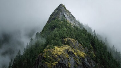Misty mountain peak, shrouded in low clouds, with dense forest clinging to its slopes