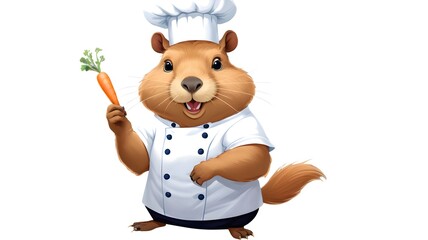 A cheerful, cute hamster chef, dressed in a traditional white chef's jacket and toque, holds a fresh carrot with greens in his paw.