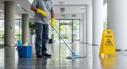 Janitor cleaning wet floor in a modern office building with caution sign