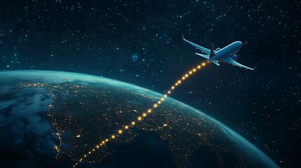 Obraz premium Airplane Flying From Earth Into Space City Lights And Starry Sky