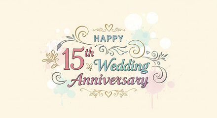 Elegant graphic celebrating a 15th wedding anniversary with floral embellishments and text.