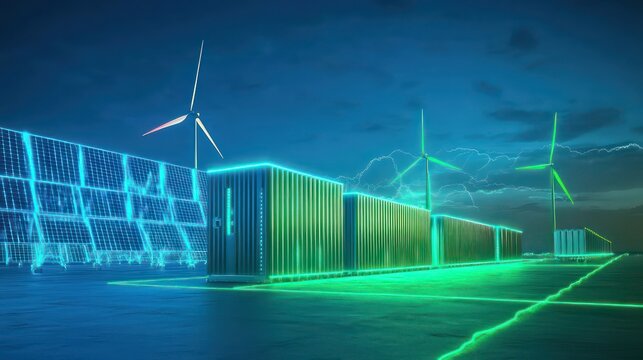 Advanced smart grid lithium battery powering urban renewable grids, neon blue and green highlights showcasing energy storage