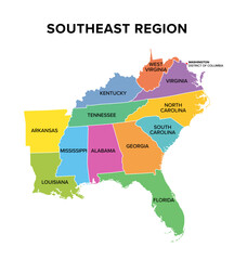 Southeast region of United States, colored map. Also Southeastern United States, American Southeast, or simply Southeast, a geographic region, consisting of 12 contiguous states, and Washington, D.C.