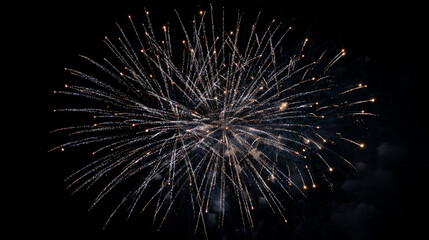 Obraz premium A burst of white fireworks exploding in the night sky with dark background