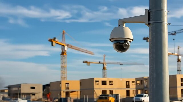 Security Camera Monitoring Construction Site With Yellow Cranes and Blue Sky
