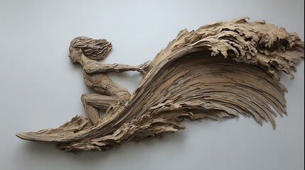 A sculpted figure riding a powerful wave.