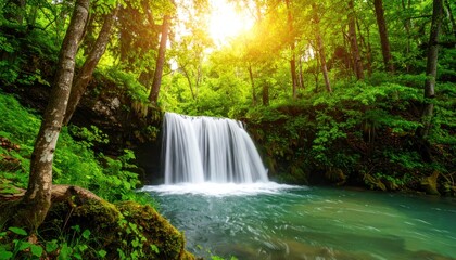 Fototapeta premium Serene Waterfall in Lush Green Forest Nature Landscape.