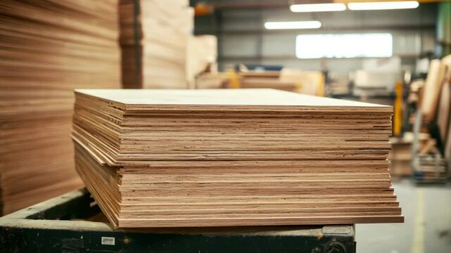 Stack of plywood sheets in a woodworking workshop with natural wood textures and warm lighting